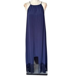 Trina Turk Kearney Silk Hi-Low Fringe Midi Dress in Navy Blue
